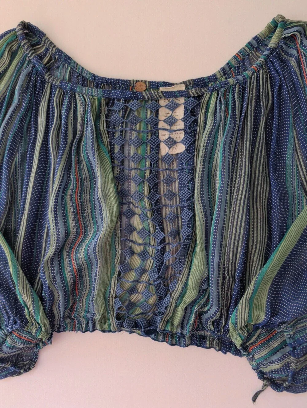 Free People ONE One Summer Lace Crochet Peasant Blouse Blue Green XS